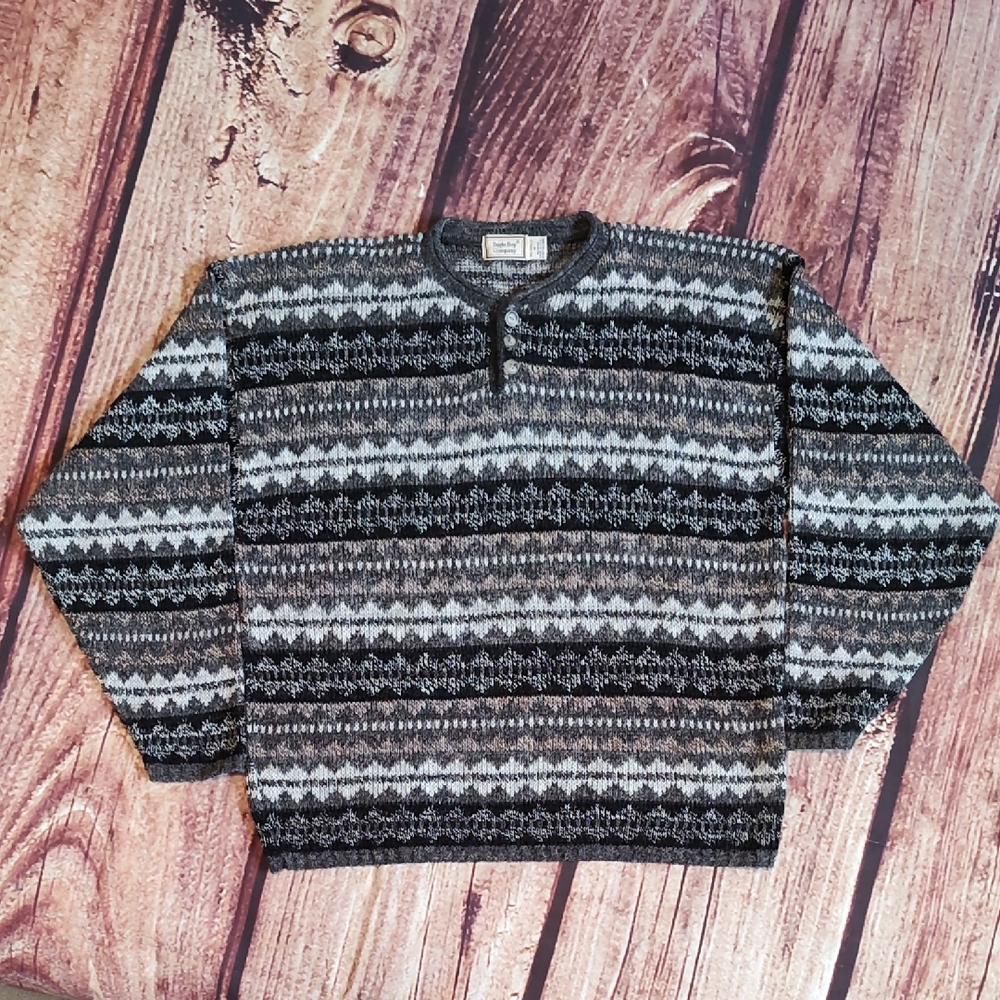 Vintage Bugle Boy Mens Gray And Brown Knit Acrylic Sweater